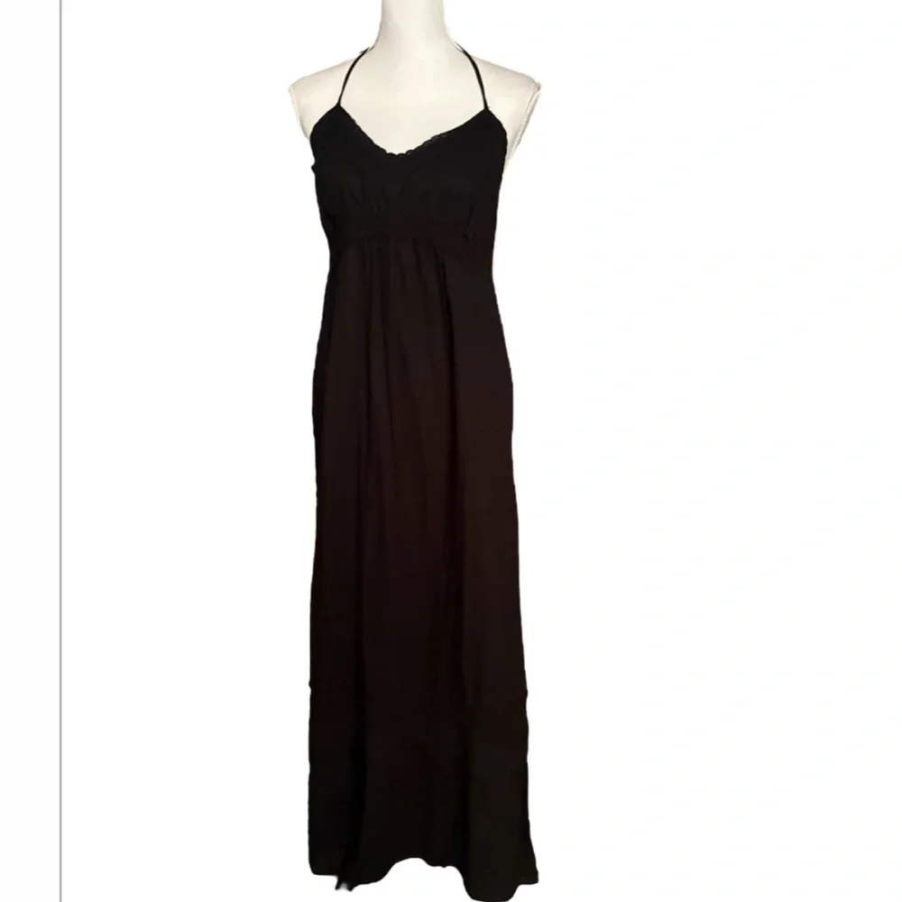 Old Navy Dress Linen Blend Size L Black Maxi Lace Crochet V Neck Strap Beach